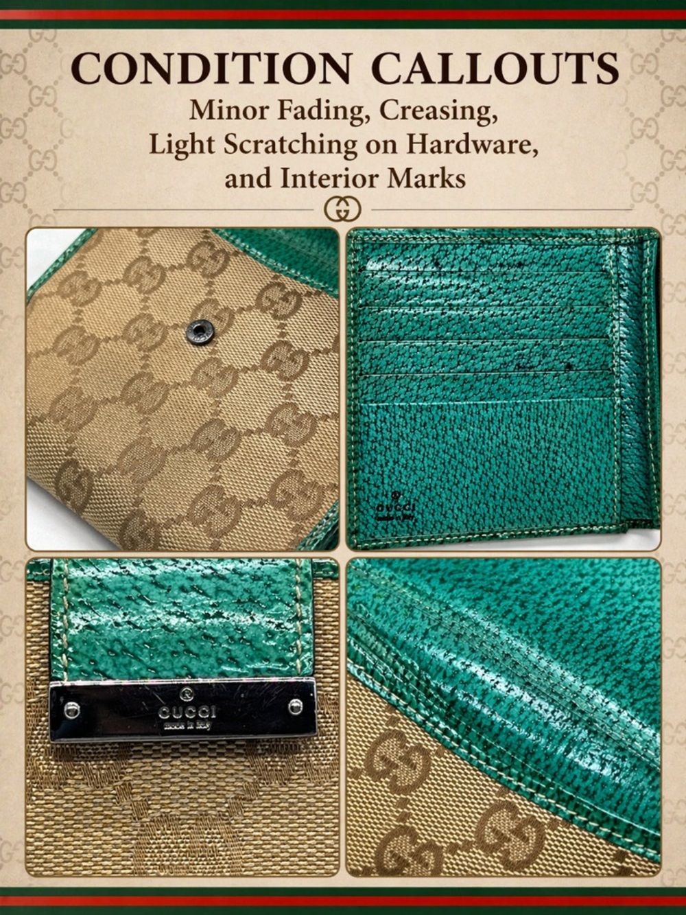 Gucci GG Canvas Wallet Green Leather Trim Compact Italy COA - Picture 4 of 16